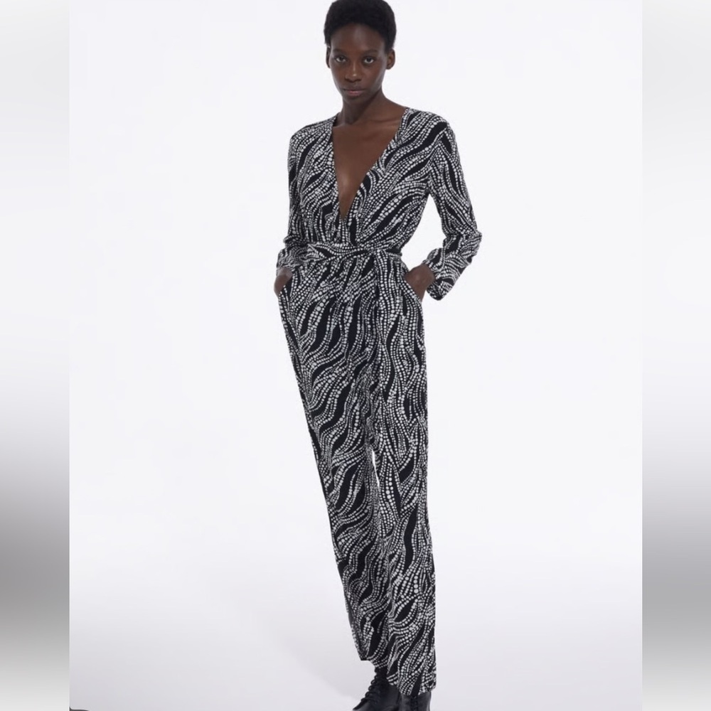 The Kooples Black & White Dot Long Sleeve Jumpsuit | Size 0 Ruched Waist | NWT